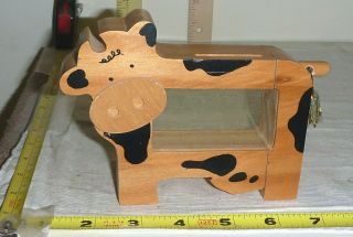 Vtg Hand - Made Wood Cow " Coin Bank " With Lock & Key - Switzerland - - 6 " Long