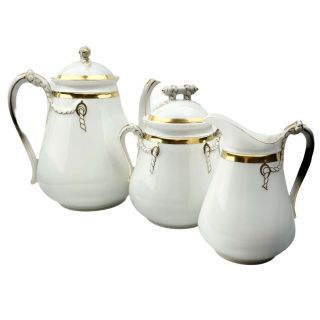 Antique Haviland Limoges Tea Set Teapot Creamer Sugar Rope Handle White Gold