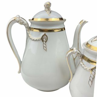 Antique Haviland Limoges Tea Set Teapot Creamer Sugar Rope Handle White Gold 2