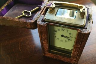 Antique Brass Travel Carriage Clock With Case,  Beveled Glass,