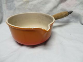 Vintage Le Creuset Orange,  Red Sauce Pan,  16,  Marked,  Cast Iron,  Pot,  Spout Wood Handl