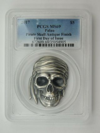 2017 Palau $5 Silver Pirate Skull Pcgs Ms69 Antique Finish First Day Of Issue