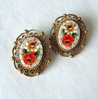 Vintage Oval Micro Mosaic Clip On Earrings Floral Gold Tone Filigree Italy Roses