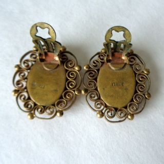 Vintage Oval MICRO MOSAIC Clip On Earrings Floral GOLD TONE Filigree ITALY Roses 2