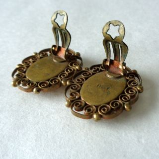 Vintage Oval MICRO MOSAIC Clip On Earrings Floral GOLD TONE Filigree ITALY Roses 3