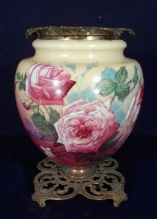 Large Antique Victorian Gwtw Oil Lamp Base With Hand Painted Roses