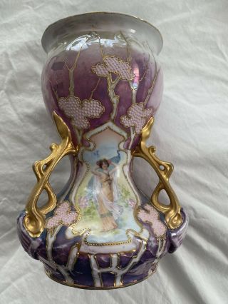 Antique Es Germany Lady And Peacock Art Nouveau Three Handle Vase / Rs Prussia