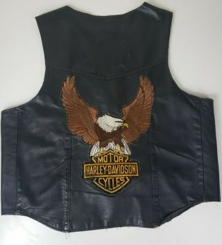 Vintage Leather Motorcycle Vest Harley Davidson Large Eagle Patch On Back Sz Lg