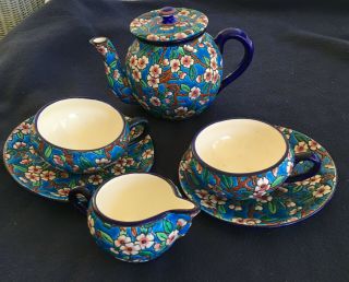 Antique Longwy France Teapot,  Creamer,  2 Cups & Saucers