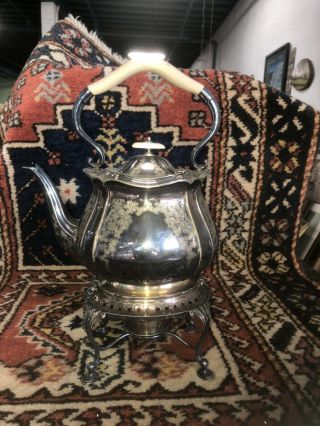 Antique English Silver Plate Kettle On Stand With Warmer
