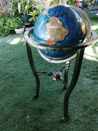 World Globe With Compass Brass Stand Semi - Precious Gemstone