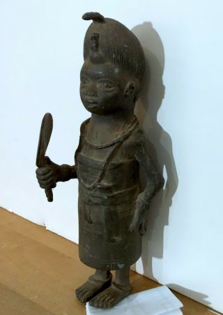Real Antique Solid Bronze Statue Of Female Figure Holding A Fan - From Benin