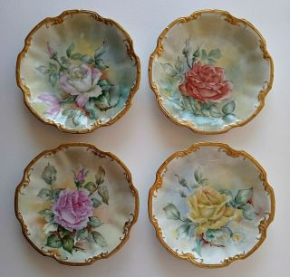 Antique Limoges France Hand Painted Flowers 4pc 7in Dessert Plates Signed