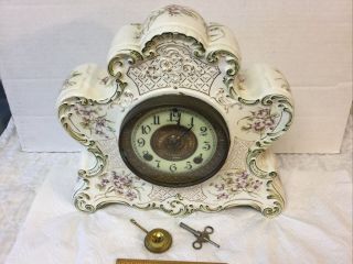 Antique Ansonia Dresden Flowers Porcelain China Clock For American Wringer Co