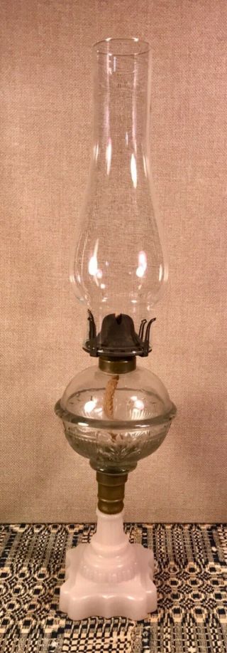 Antique 19th C Oil Lamp Fern & Shield Eapg Font & Opalescent Sandwich Glass Base