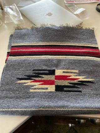 Vtg Southwest Small Wool Woven Rug 29”x15” Grey Red White Black Euc