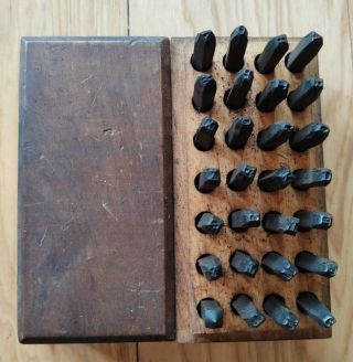 Vintage 1/8 " Alphabet 28 Punch Stamp Set Metal Tools In Wooden Box
