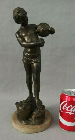 Antique Italian Spelter Sculpture Statue Boy With Water Urns Marble Base
