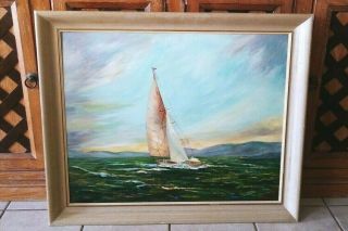 Antique Oil On Panel Board Painting Signed M.  Whitelock Sail Boat On Rough Sea