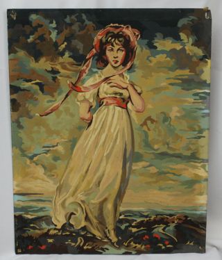 Vtg Paint By Number Pbn Girl At The Seashore Water Lake Long Dress 16x20 Pinkie