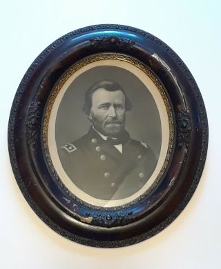 Antique General U.  S.  Grant Reprinted Photograph Oval Dark Wood Frame Civil War