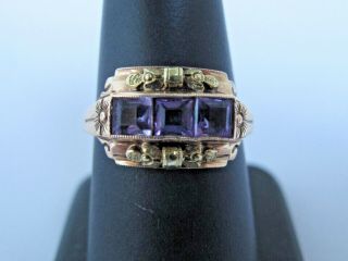 Antique 10k Gold Ladies Ring 3 Beveled Lavender Stones Size 7.  75