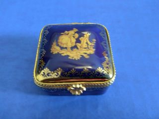 Vintage Limoges Trinket Box Hinged In Royal Blue And Trimmed In Gold Color