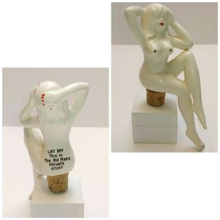 Vtg.  Porcelain Woman Bottle Stopper W/ Cork " Lay Off Old Man 