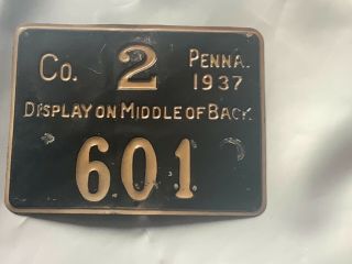 1937 Metal Pa Pennsylvania Resident Hunting License 601