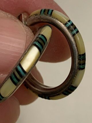 Zuni Signed Sterling Multi Stone Inlay Turquoise Mop Pearl Hoop Earrings Vintage