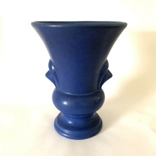 Vintage Monmouth Pottery Vase / Matt Blue / Arts Crafts / Orig Label Illinois