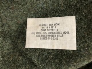 Vintage 100 Wool ARMY Blanket Olive Green Shade 118 66 x 84 w/ Rock River Tag 3
