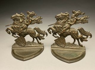 Antique Bronze Knight On Horse Armor Bookends Solid Bronze 19th Century