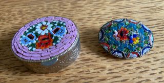 Vintage Signed Italy Micro Mosaic Glass Flower Brooch & Mosaic Glass Pill Box