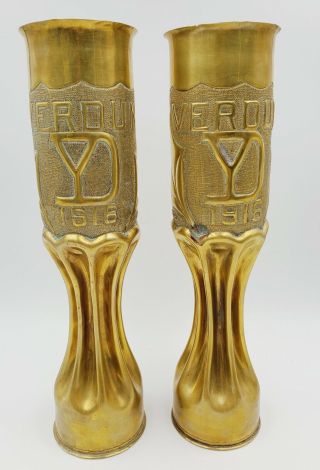 Antique Verdun 1918 Trench Art Brass Shell Casing Vases From Wwi 75mm