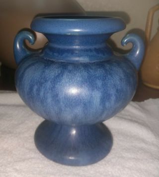Vintage Camark Pottery Blue Mottled Two Handle Vase Bottom Mark No Damage