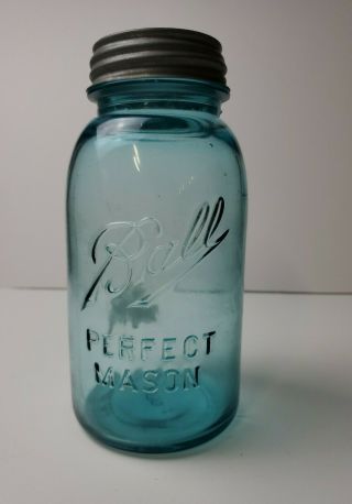 Vintage Ball Blue Glass Perfect Mason Jar 3 Fruit Canning Zinc Lid