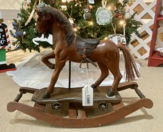 Antique Style Hand Carved And Painted Wooden Rocking Horse Pony Wheels & Saddle