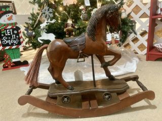 Antique Style Hand Carved And Painted Wooden Rocking Horse Pony Wheels & Saddle 2