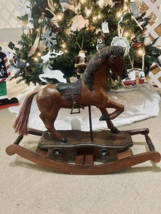 Antique Style Hand Carved And Painted Wooden Rocking Horse Pony Wheels & Saddle 3