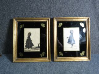 Framed Antique Silhouettes Young Girls Hand Painted Signed