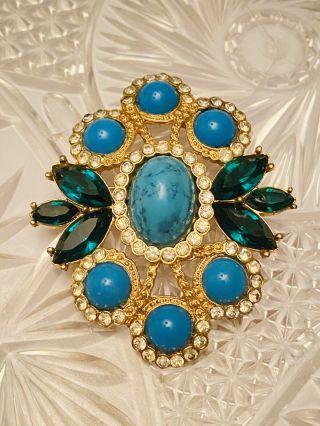 Vtg Turquoise Cabochon Gold Pin Brooch Signed Sarah Coventry Emerald Rhinestone