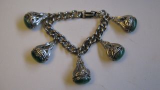 Gorgeous Vintage Large Chunky Art Nouveau Style Green Glass Fob Charm Bracelet