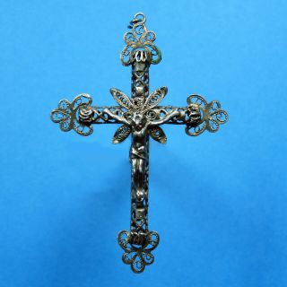 Spanish Antique Filigree Sterling Silver Catholic Crucifix Cross Jesus Ihs