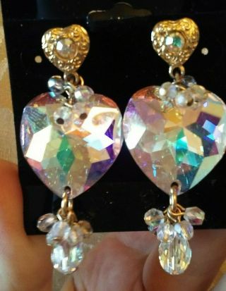 Vintage Kirks Folly Large Gold Plated and Crystal AB Heart Drop Earrings 2