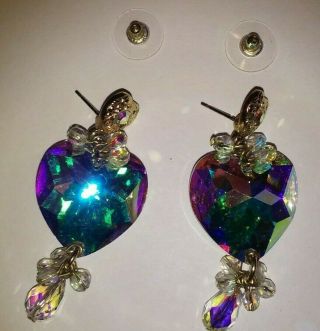 Vintage Kirks Folly Large Gold Plated and Crystal AB Heart Drop Earrings 3