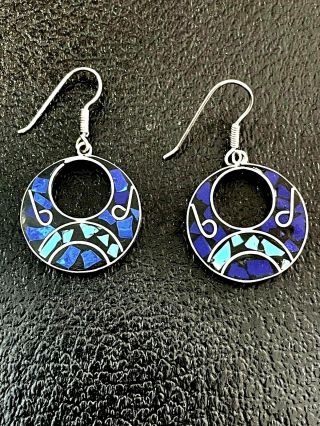 Vintage Taxco 925 Sterling Silver Turqoise Lapis 2” Dangle Earrings 12g Signed