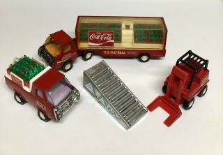 Vintage Buddy L Coca Cola Trucks,  Fork Lift,  Ramp & Bottles.  All