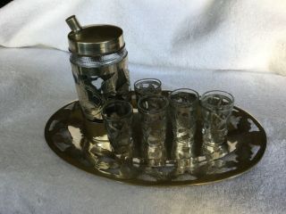 Vintage Mexico Sterling 925 Overlay Shot Glasses Cordial Set 5 Decanter Tray