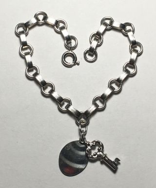 Vintage Sterling Bracelet With Key To Heart Charm 7” Long G175